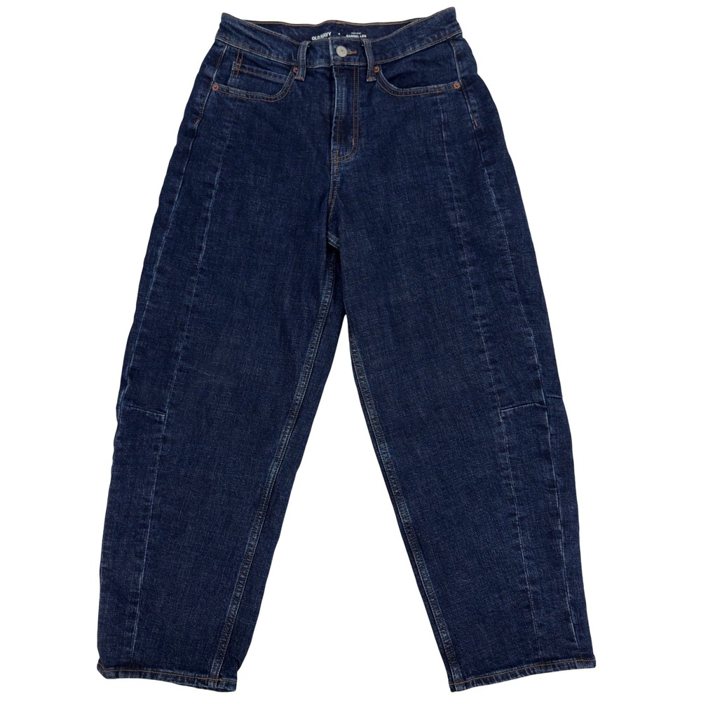 Old Navy Barrel Leg Jeans Women 4 Blue High Rise Seamed Front Dark Wash Denim